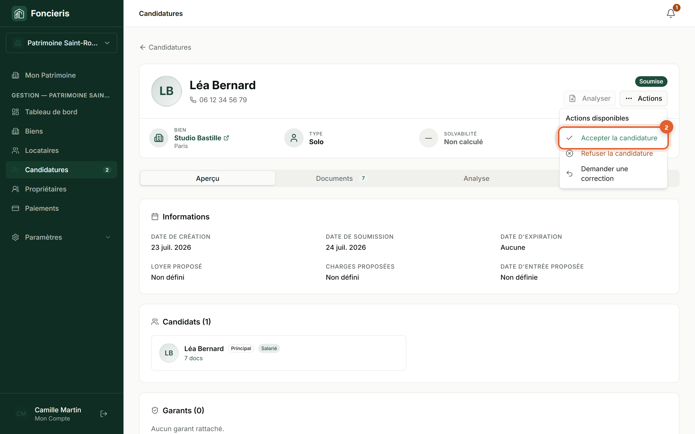 Interface réelle Foncieris avec données fictives — Accepter une candidature et créer le bail, étape 2 : Choisissez Accepter