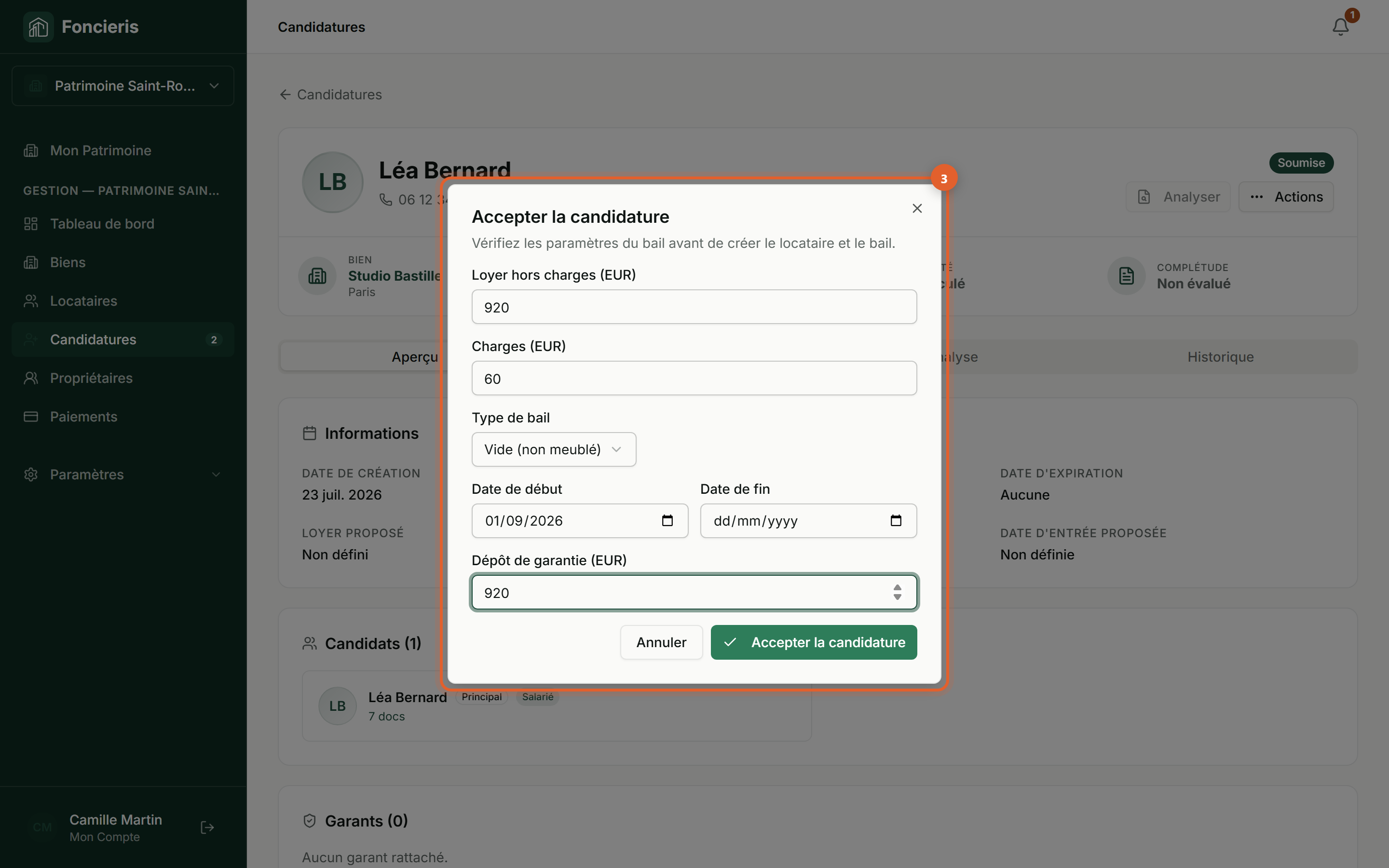 Interface réelle Foncieris avec données fictives — Accepter une candidature et créer le bail, étape 3 : Contrôlez le bail proposé