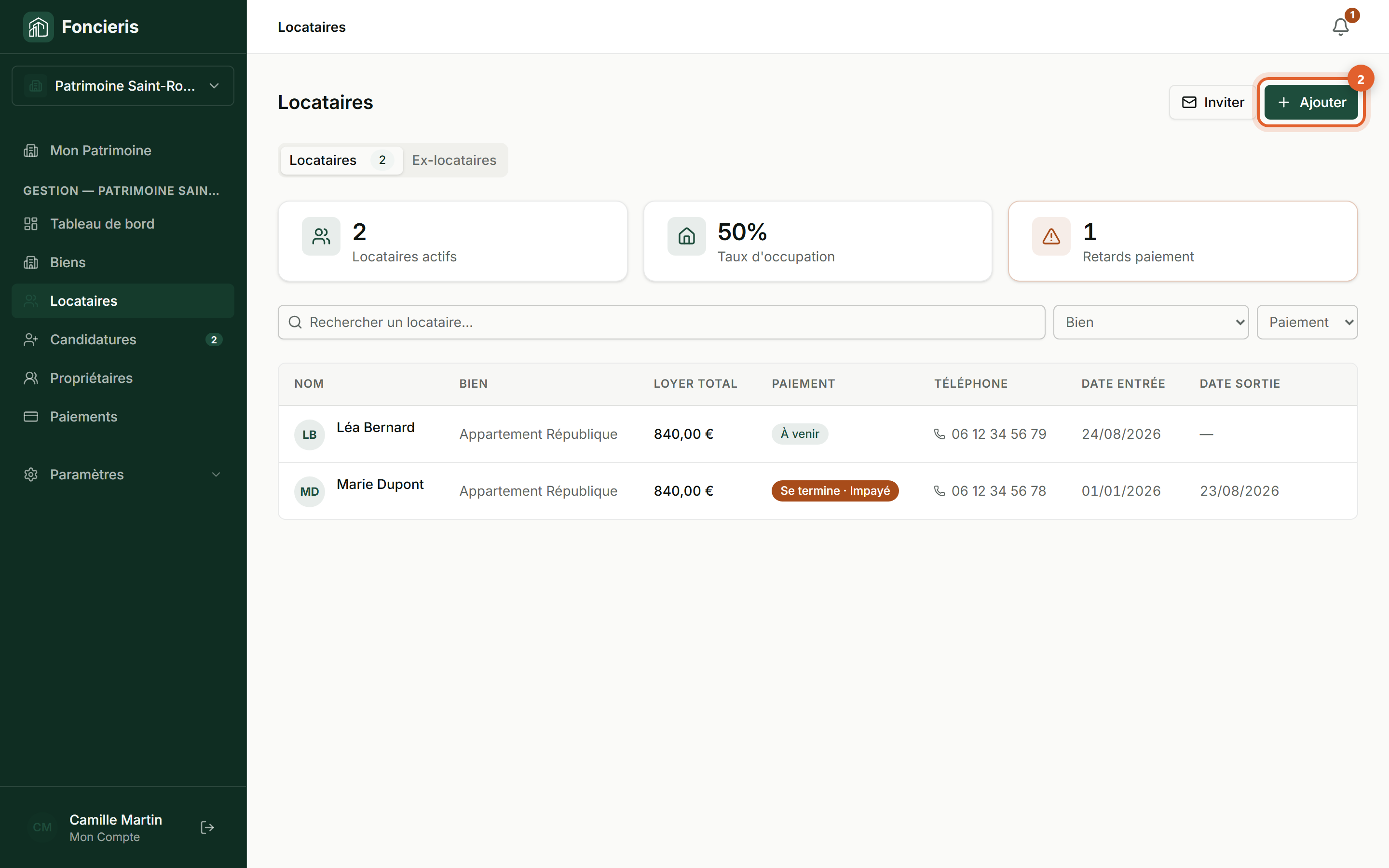 Interface réelle Foncieris avec données fictives — Ajouter un locataire et créer son bail, étape 2 : Ouvrez le nouvel assistant