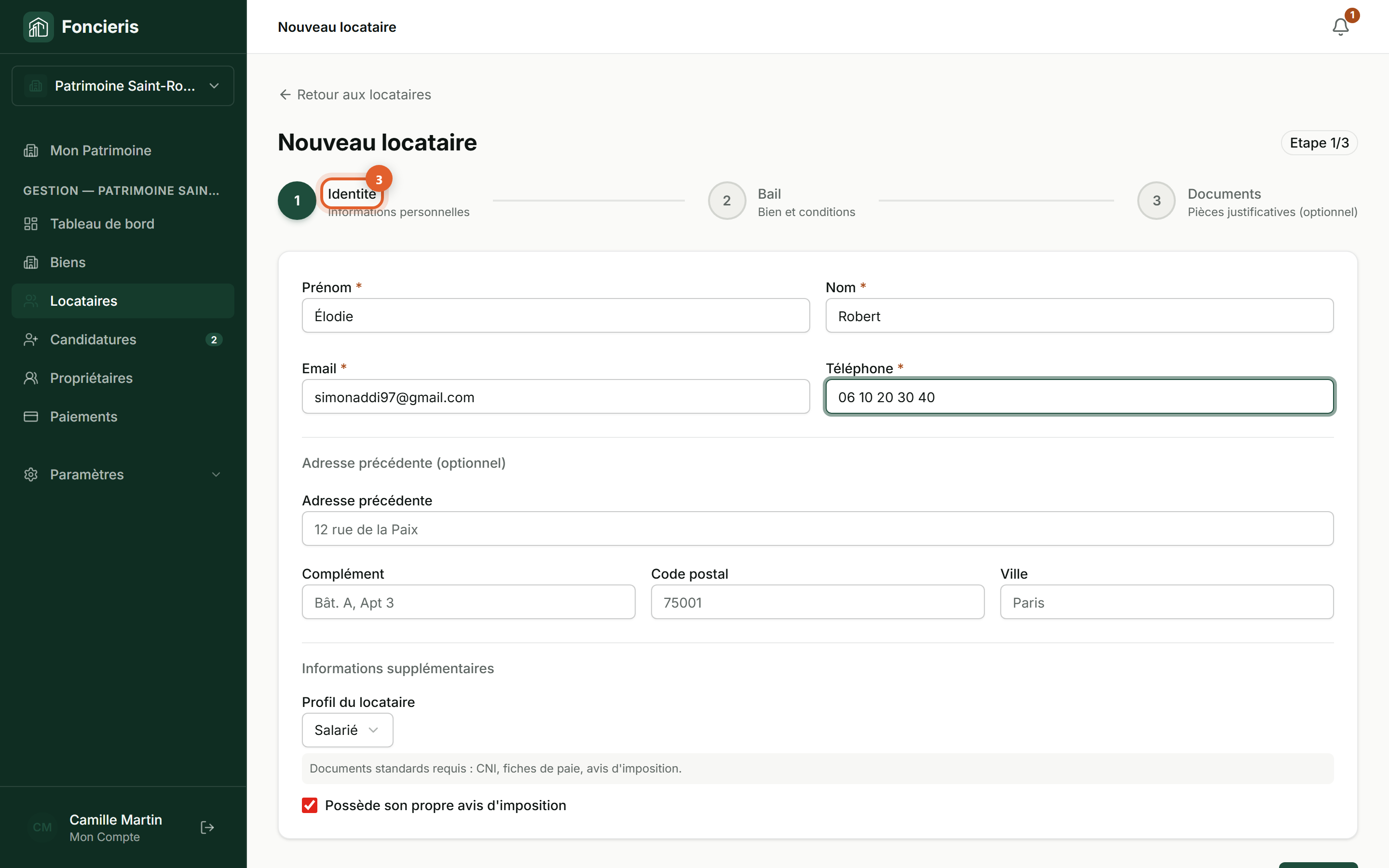 Interface réelle Foncieris avec données fictives — Ajouter un locataire et créer son bail, étape 3 : Renseignez son identité
