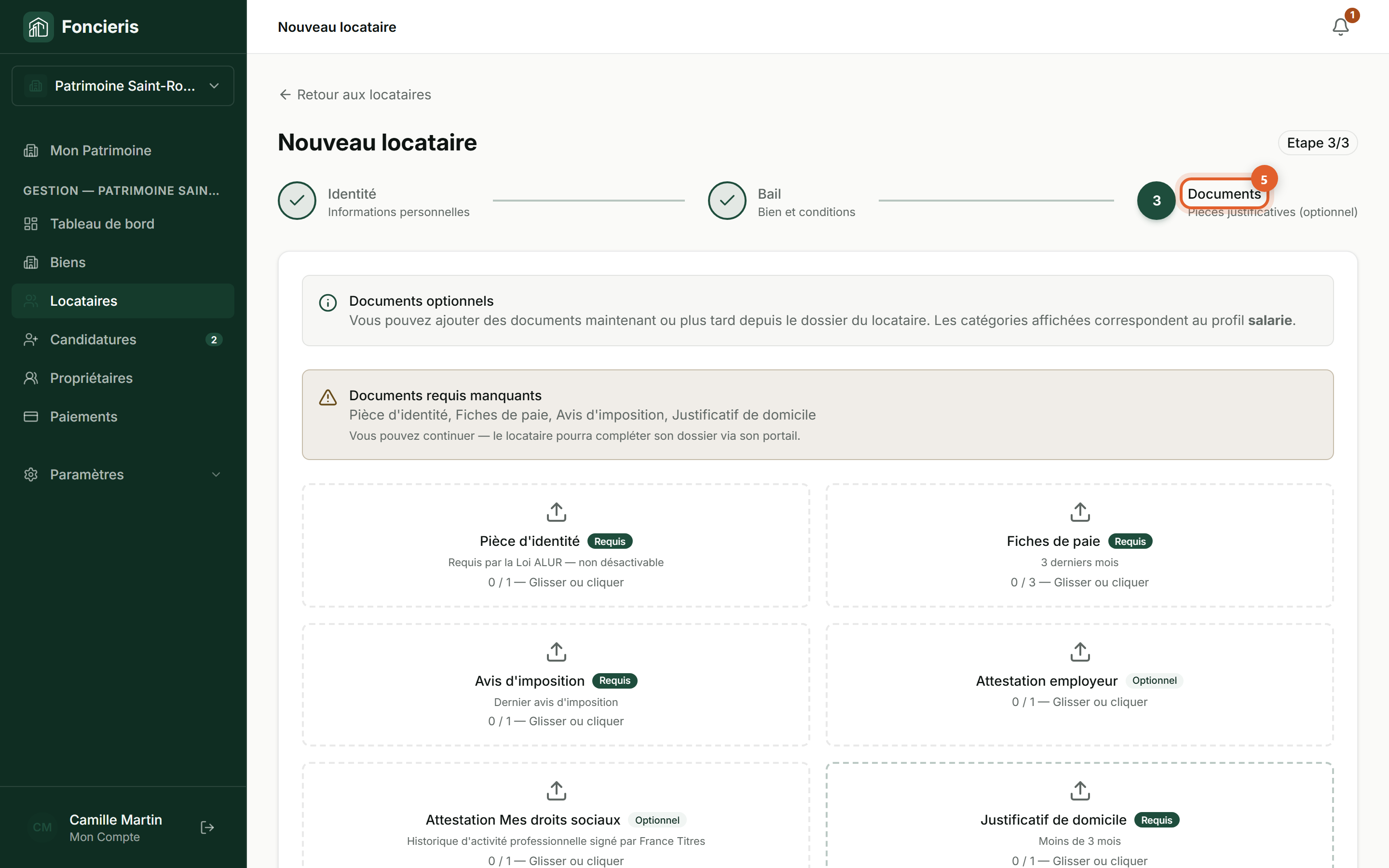Interface réelle Foncieris avec données fictives — Ajouter un locataire et créer son bail, étape 5 : Ajoutez les documents utiles