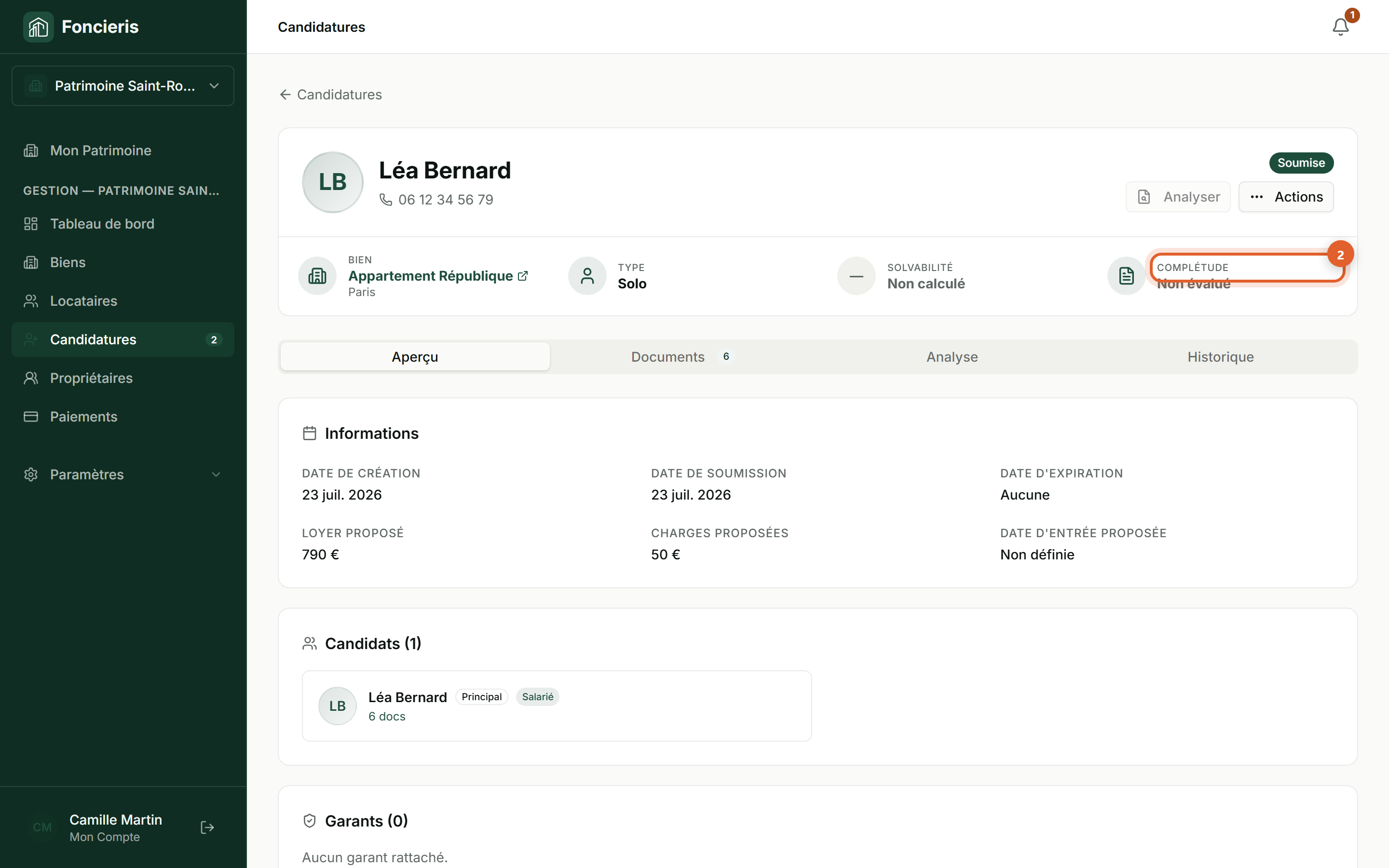 Interface réelle Foncieris avec données fictives — Analyser un dossier candidat avec l’IA, étape 2 : Vérifiez la complétude et les pièces