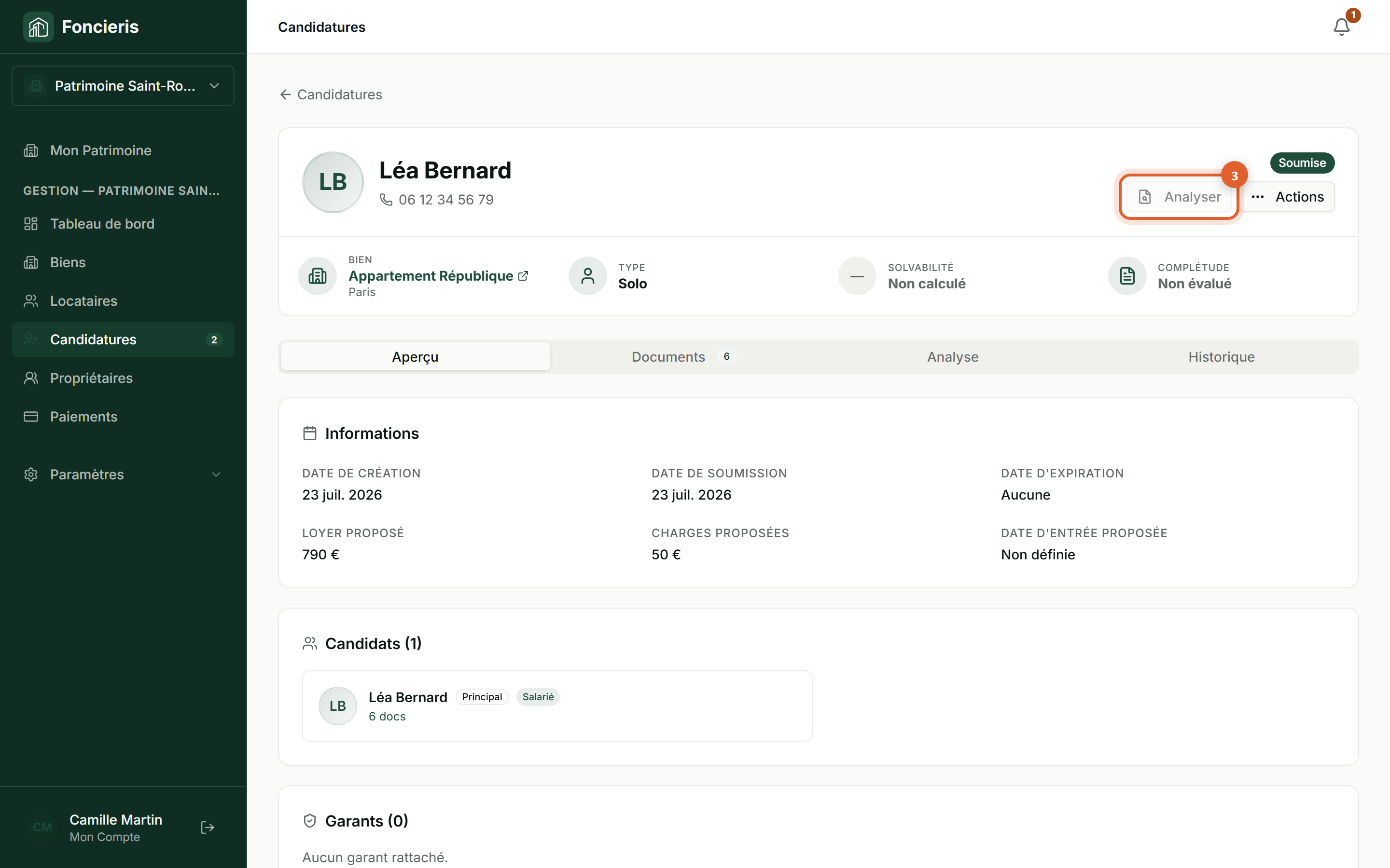 Interface réelle Foncieris avec données fictives — Analyser un dossier candidat avec l’IA, étape 3 : Lancez l’analyse