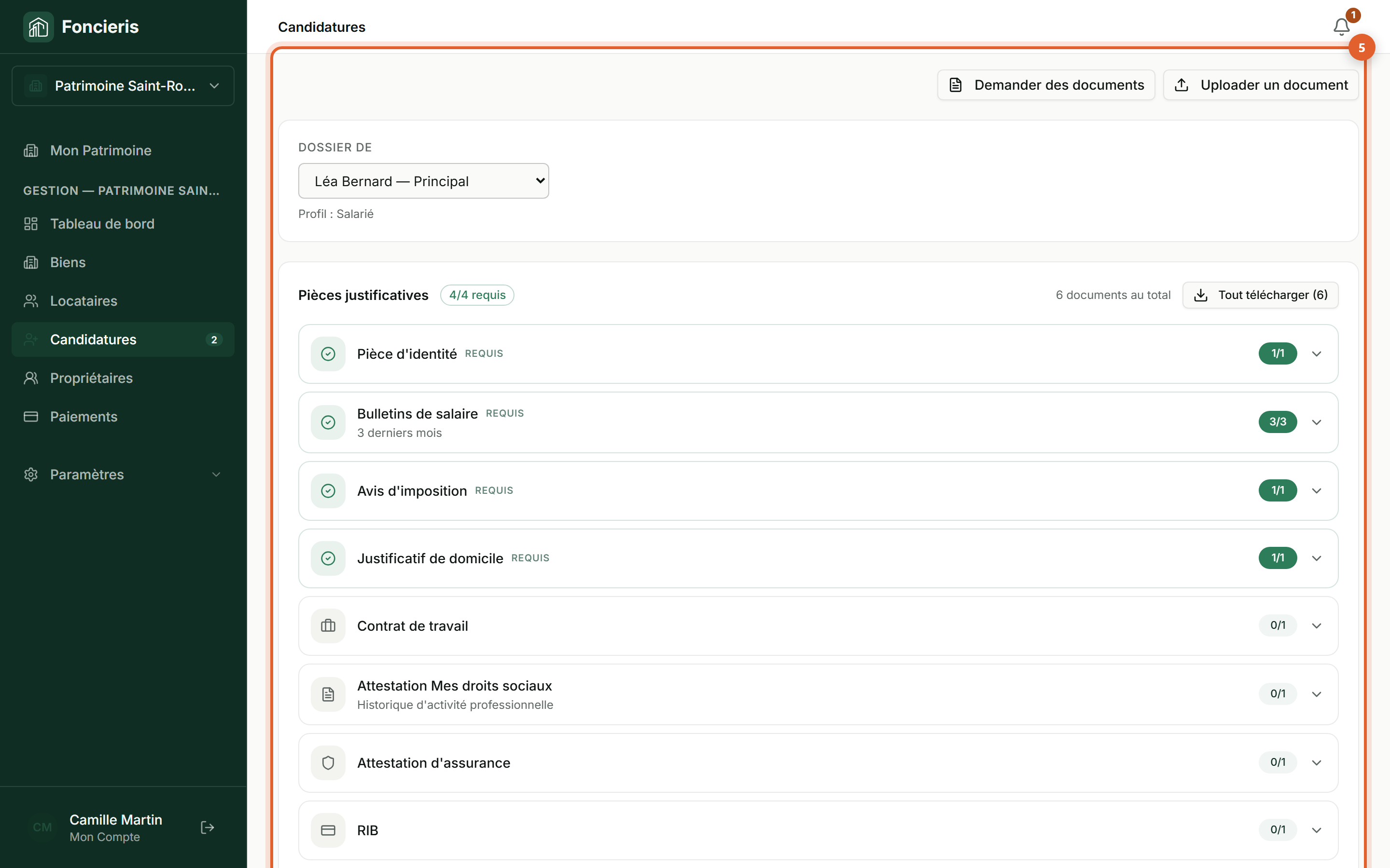 Interface réelle Foncieris avec données fictives — Analyser un dossier candidat avec l’IA, étape 5 : Revenez aux documents sources