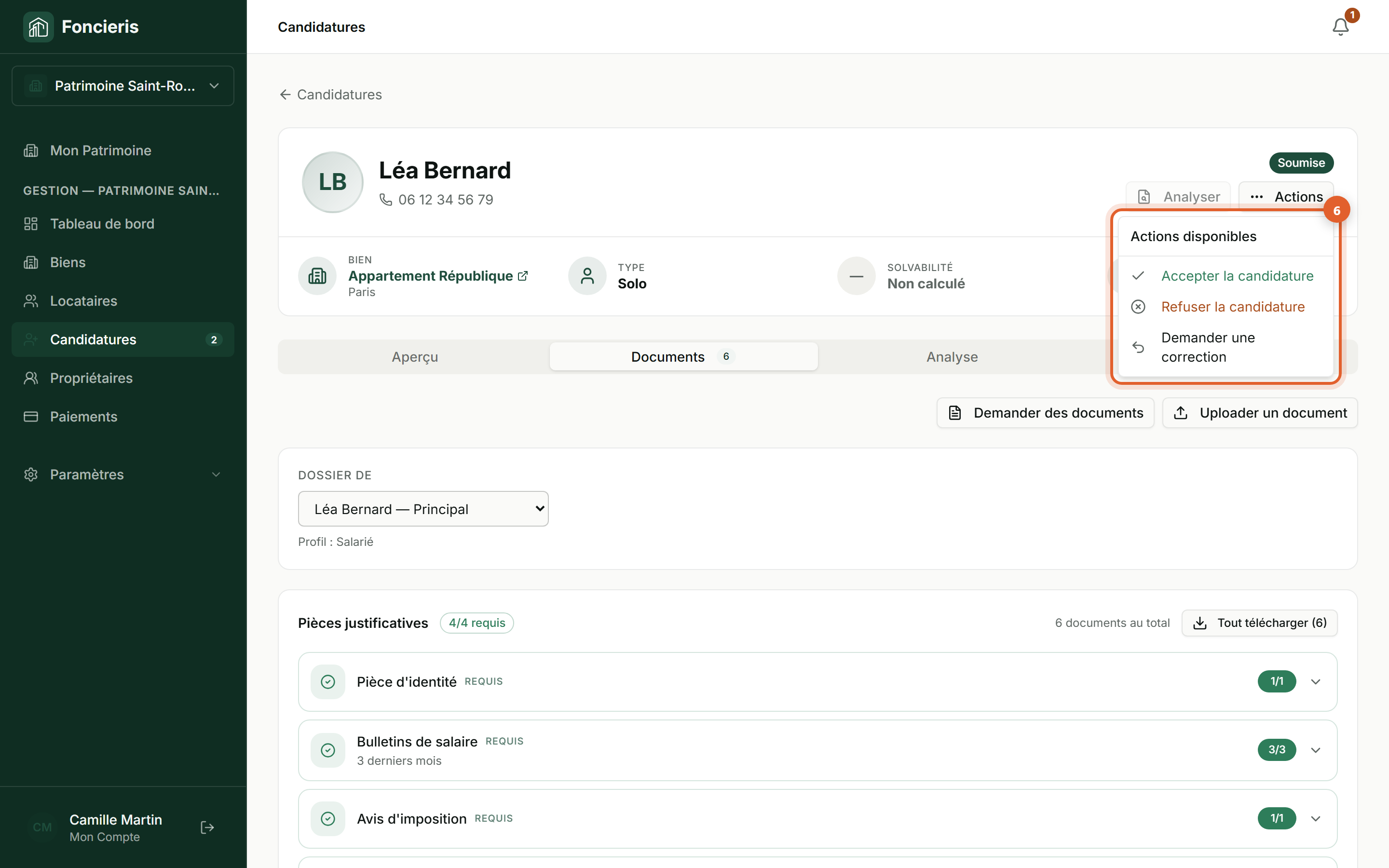 Interface réelle Foncieris avec données fictives — Analyser un dossier candidat avec l’IA, étape 6 : Décidez depuis Actions