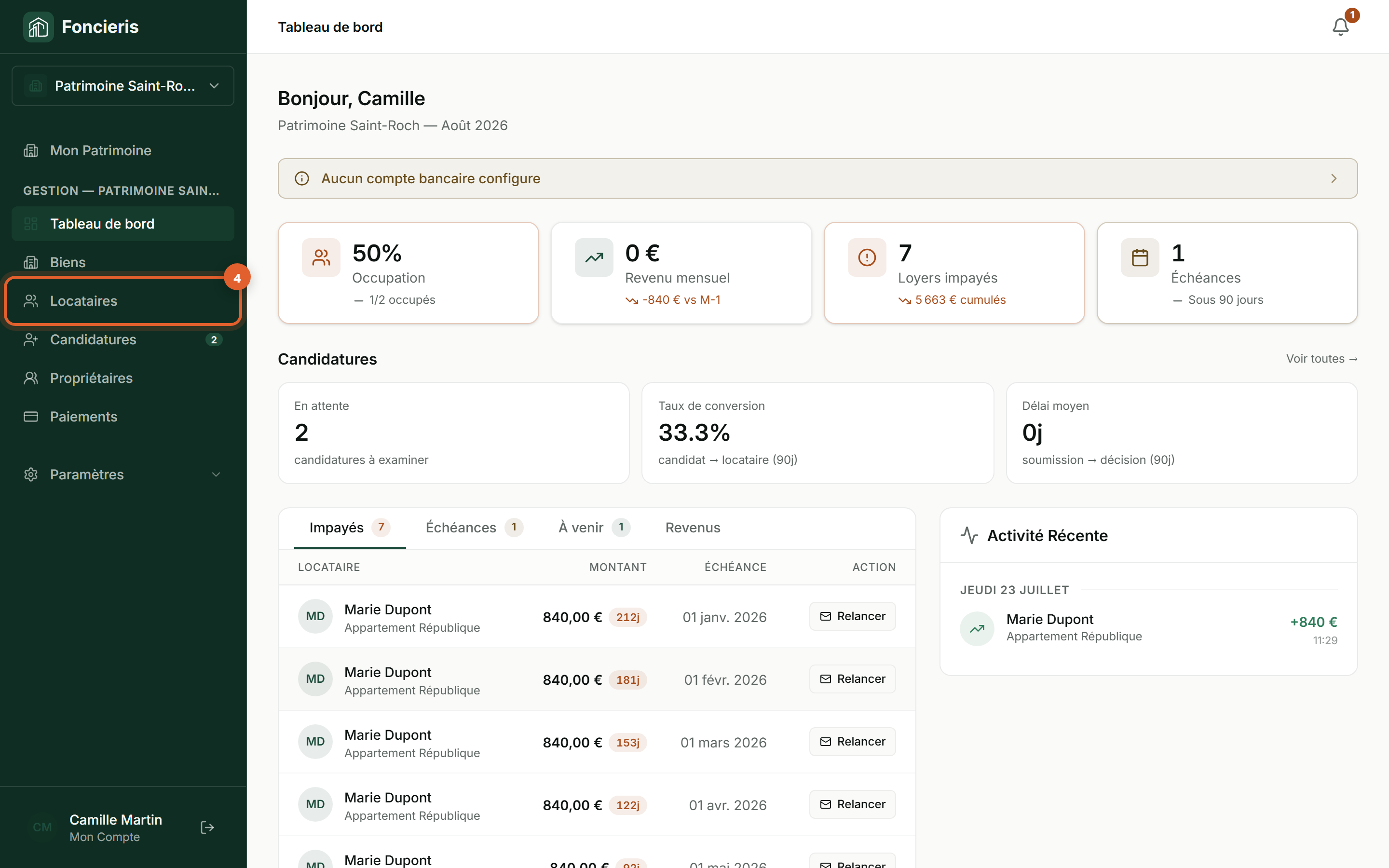 Interface réelle Foncieris avec données fictives — Bien démarrer avec Foncieris, étape 4 : Choisissez le parcours de la personne