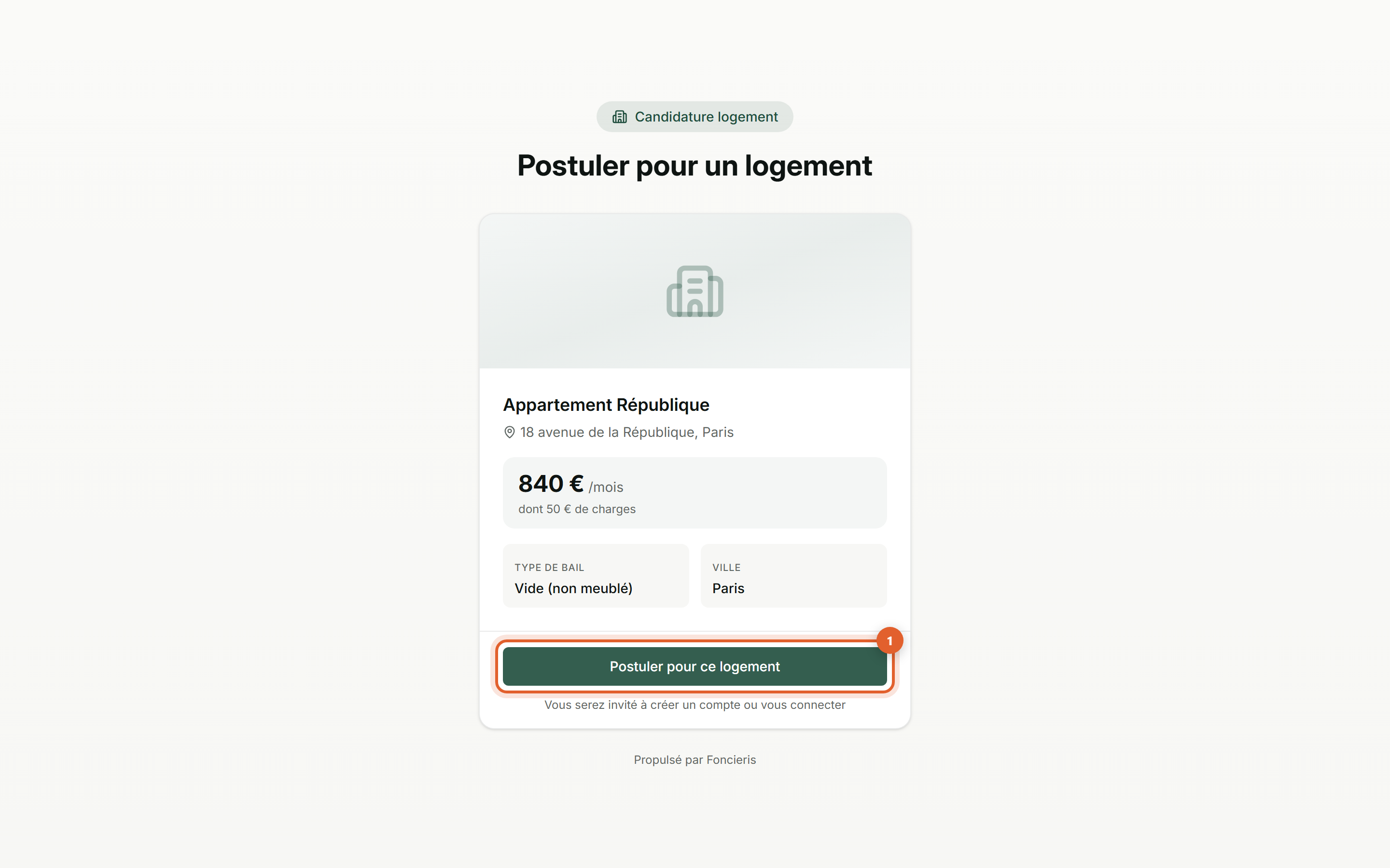 Interface réelle Foncieris avec données fictives — Créer et envoyer son dossier de candidature, étape 1 : Ouvrez le lien du logement