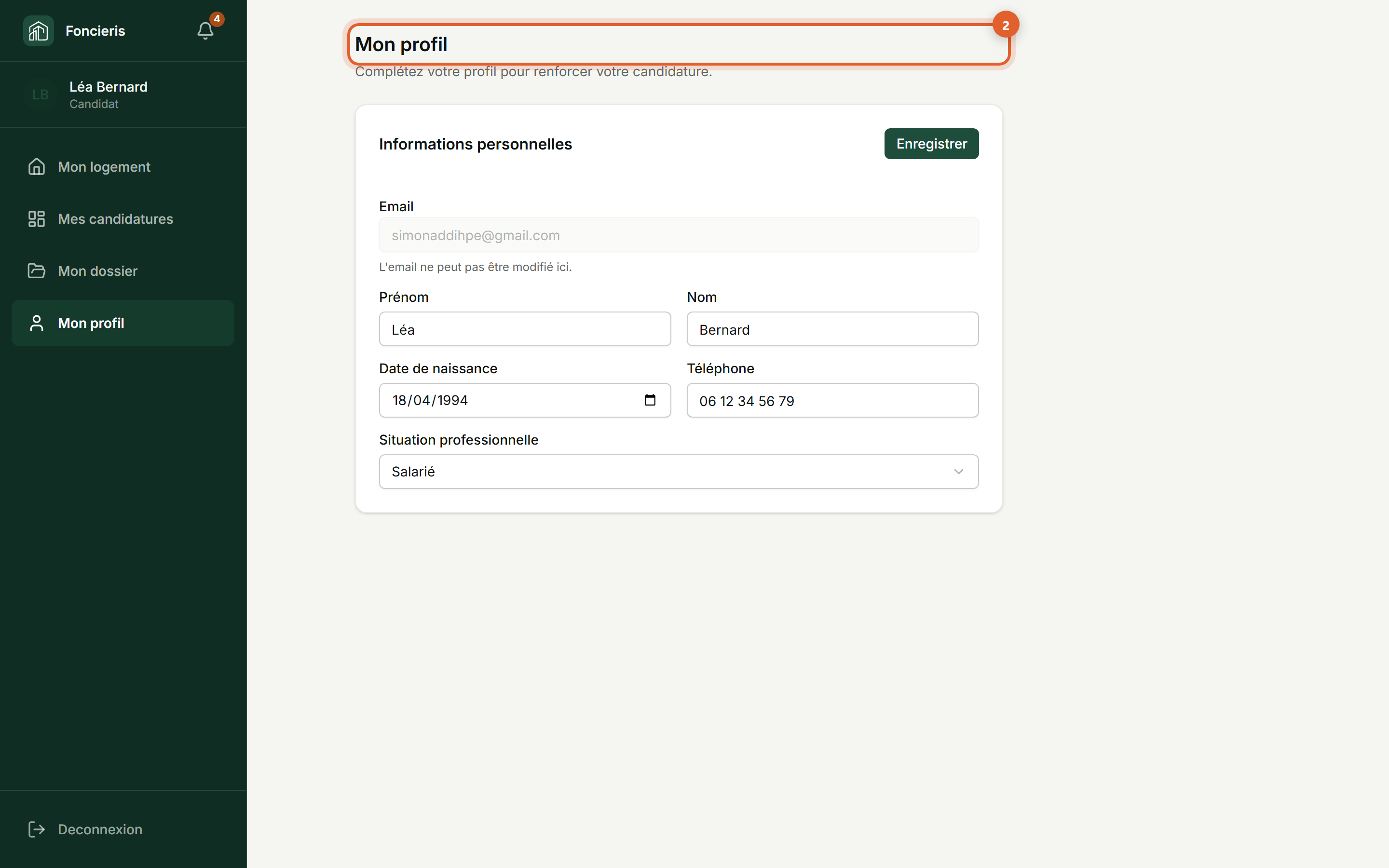 Interface réelle Foncieris avec données fictives — Créer et envoyer son dossier de candidature, étape 2 : Complétez votre profil