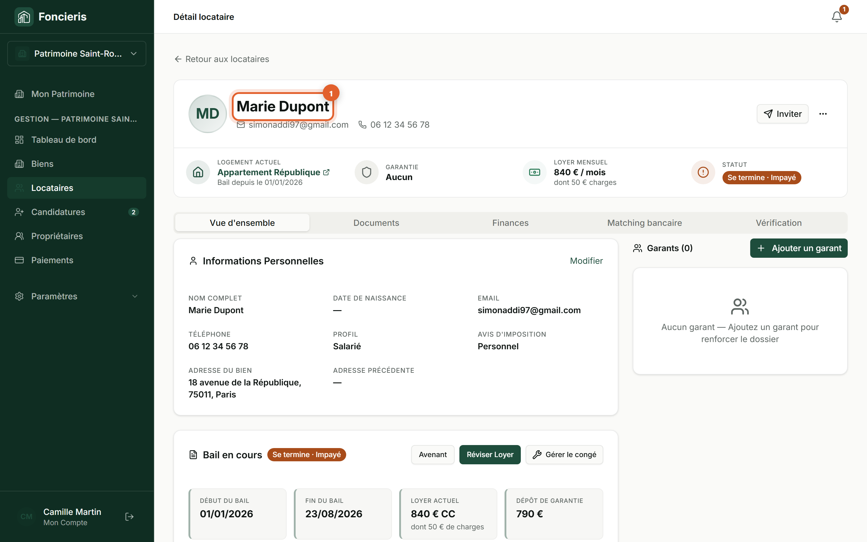 Interface réelle Foncieris avec données fictives — Demander un document à un candidat ou locataire, étape 1 : Ouvrez le bon dossier