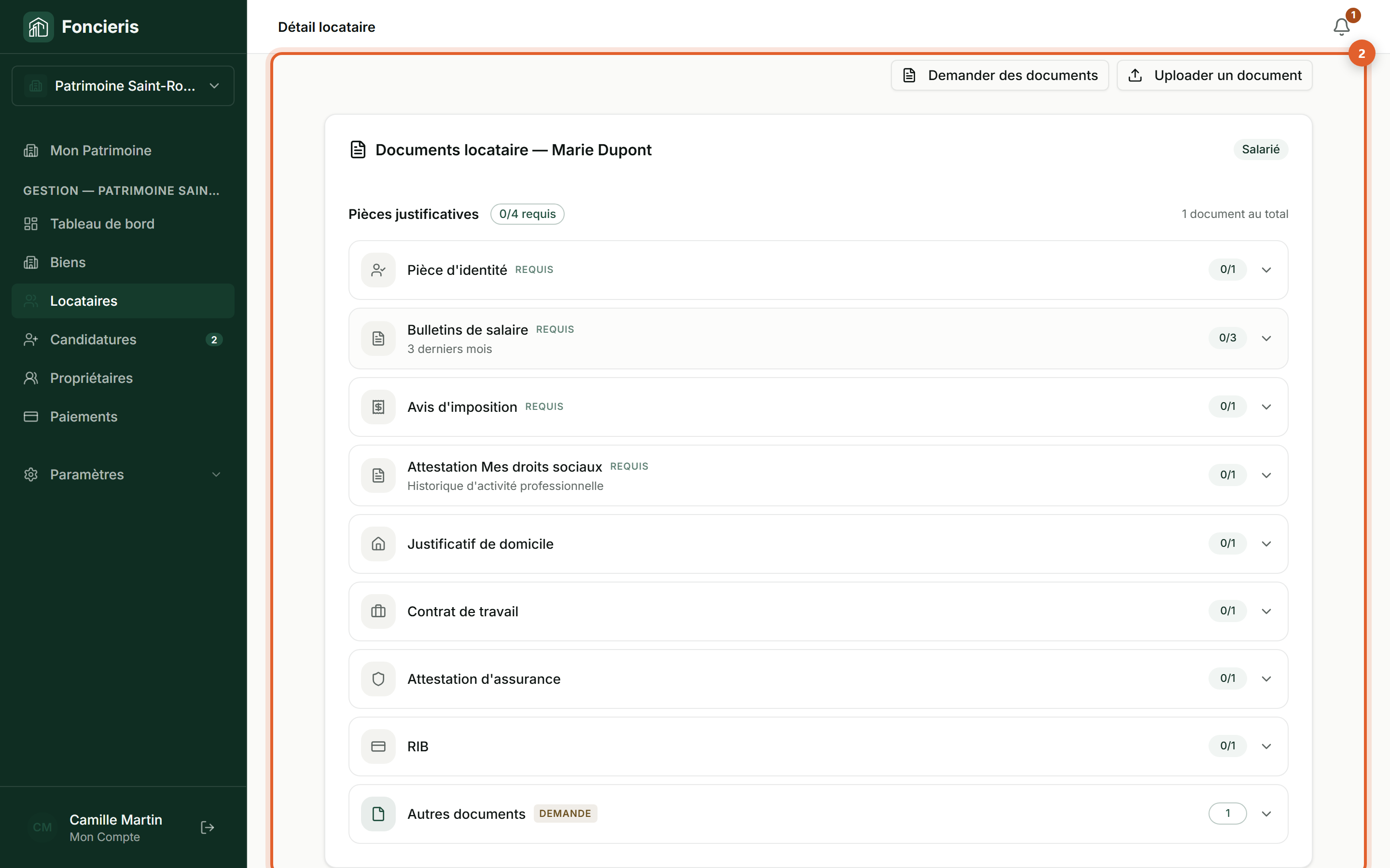 Interface réelle Foncieris avec données fictives — Demander un document à un candidat ou locataire, étape 2 : Ouvrez Documents