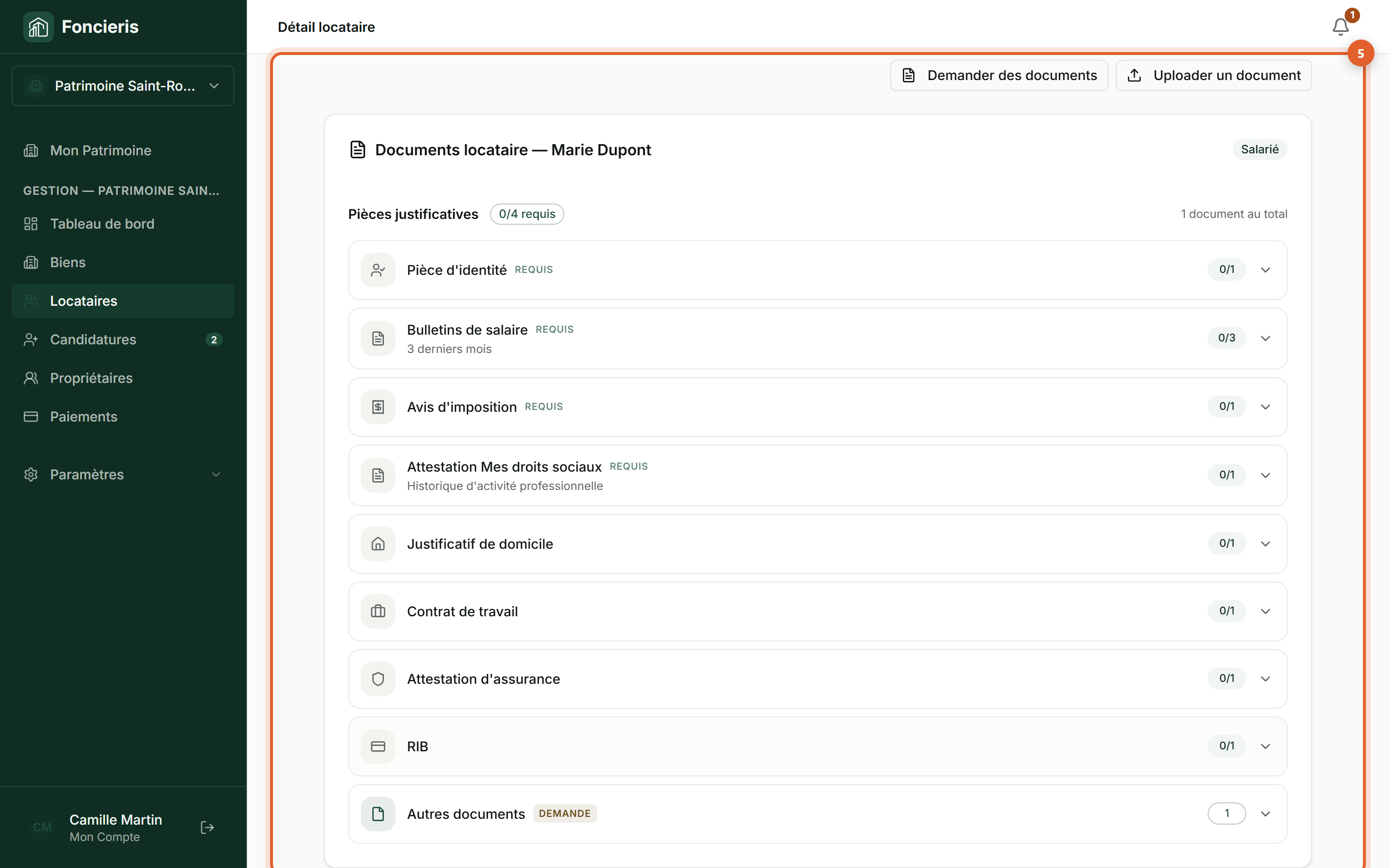 Interface réelle Foncieris avec données fictives — Demander un document à un candidat ou locataire, étape 5 : Contrôlez le suivi