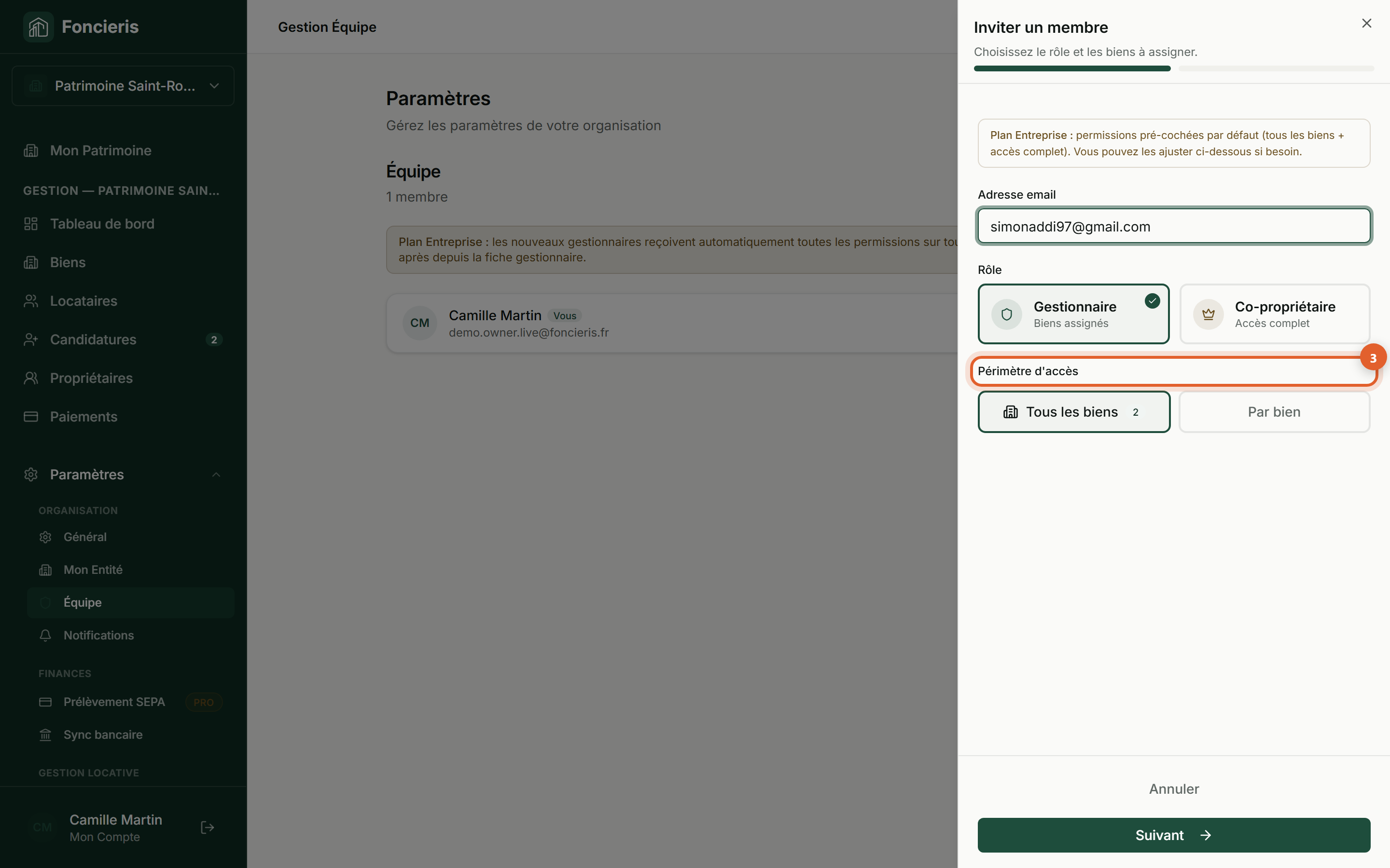 Interface réelle Foncieris avec données fictives — Inviter une personne et régler ses droits, étape 3 : Attribuez les logements