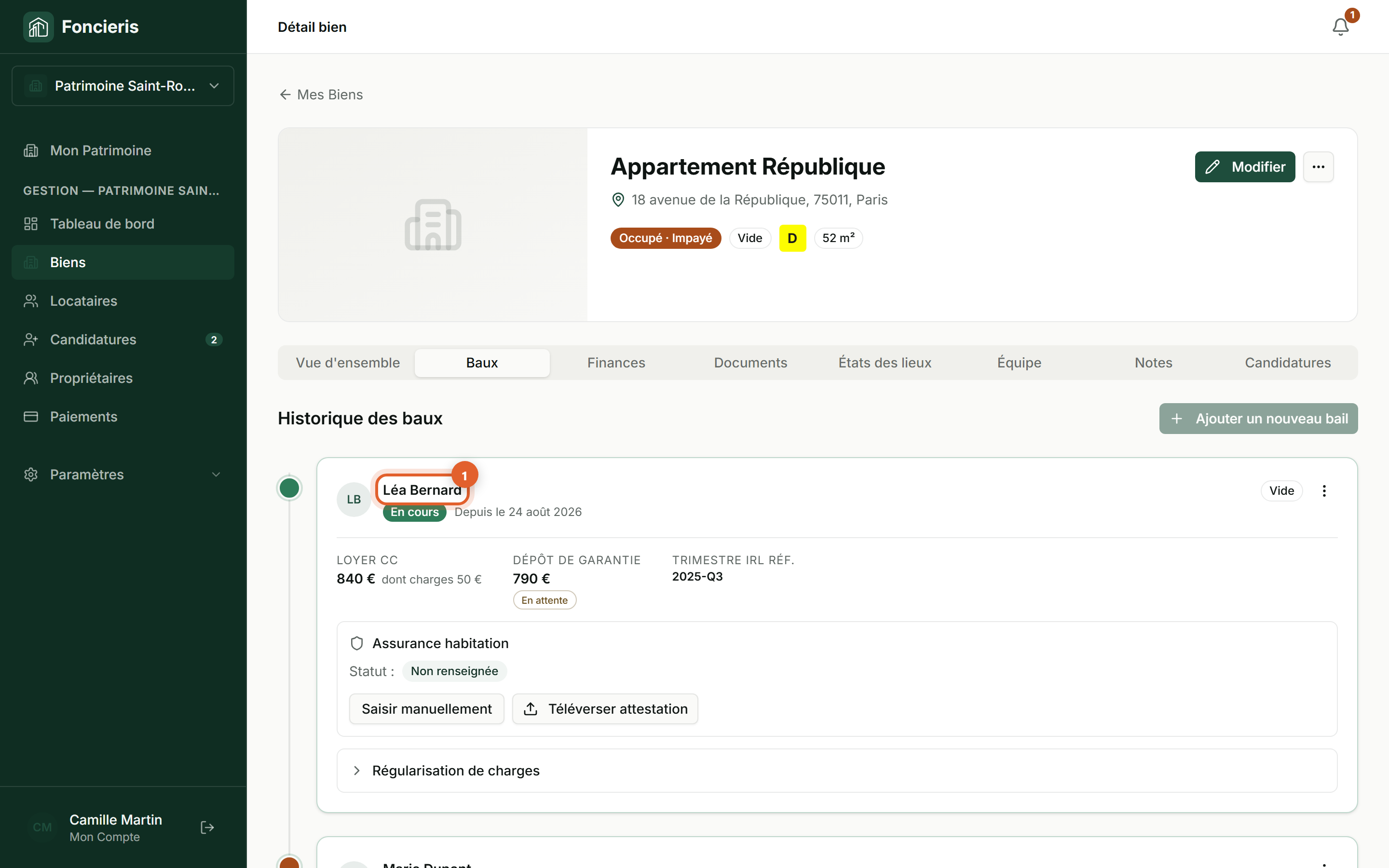 Interface réelle Foncieris avec données fictives — Modifier un bail ou donner congé, étape 1 : Ouvrez le bail concerné