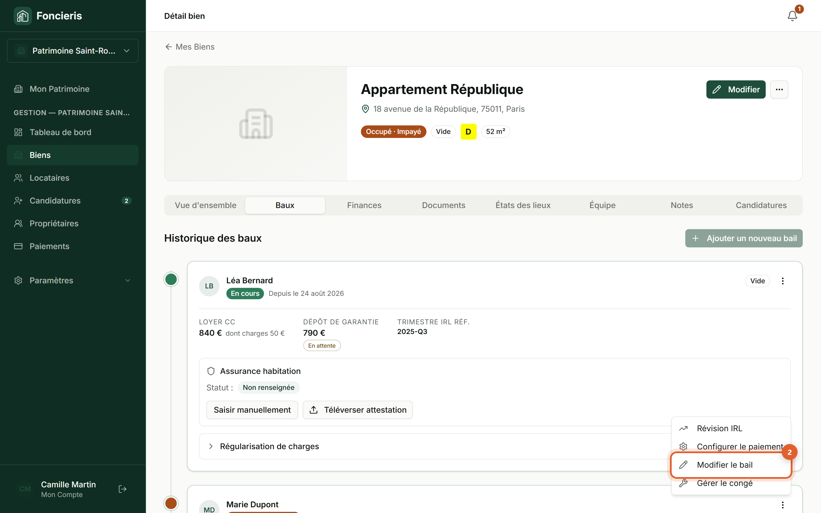 Interface réelle Foncieris avec données fictives — Modifier un bail ou donner congé, étape 2 : Choisissez l’action adaptée