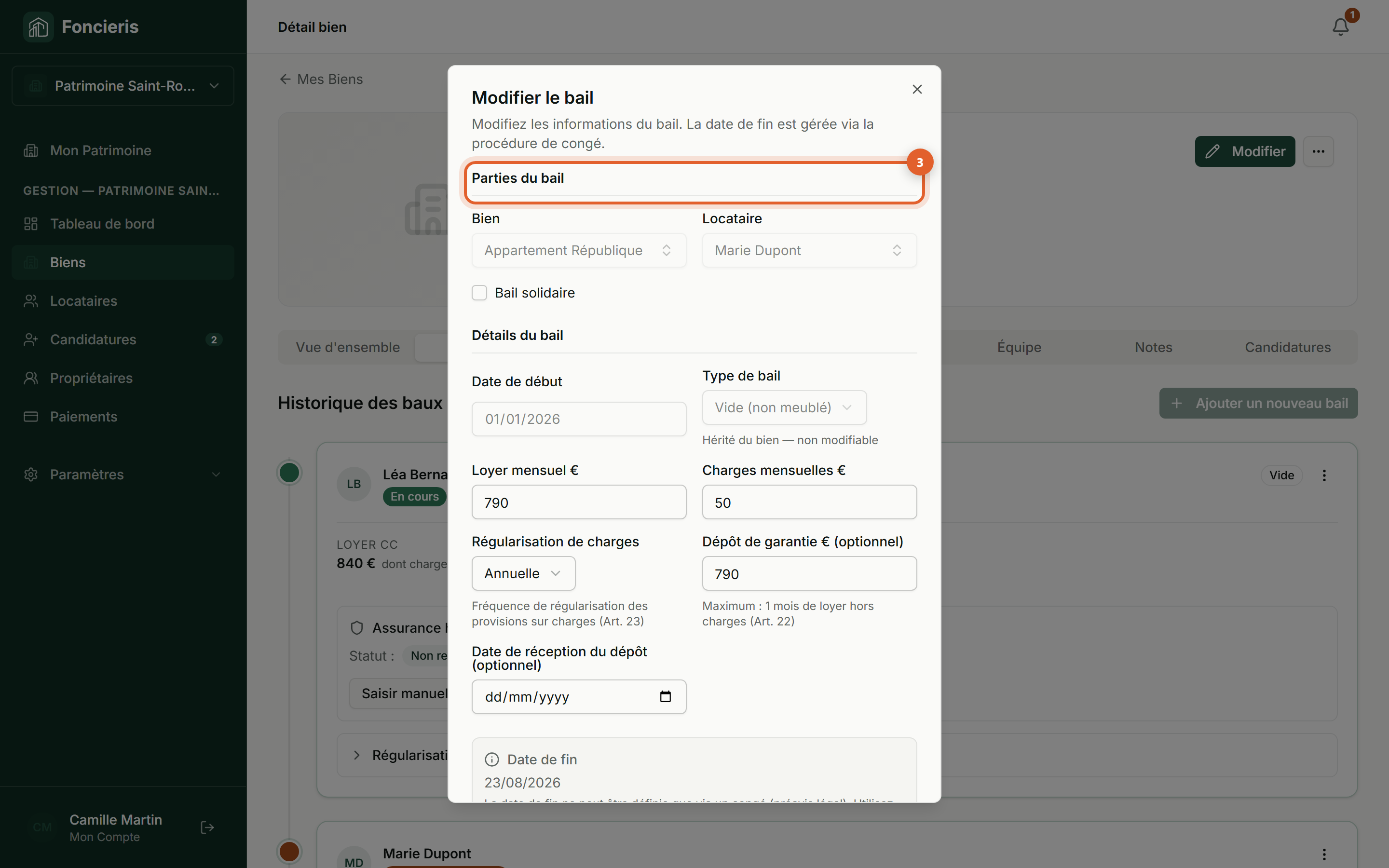 Interface réelle Foncieris avec données fictives — Modifier un bail ou donner congé, étape 3 : Contrôlez les personnes