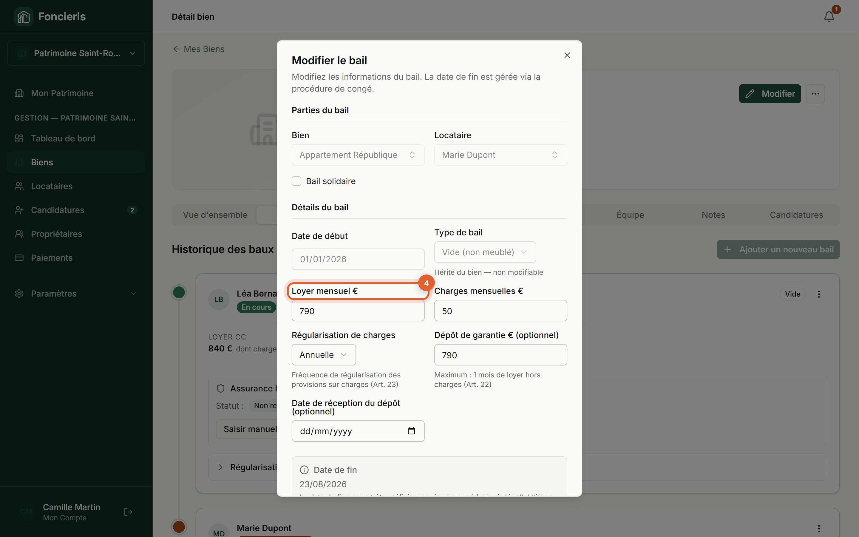 Interface réelle Foncieris avec données fictives — Modifier un bail ou donner congé, étape 4 : Vérifiez dates et montants