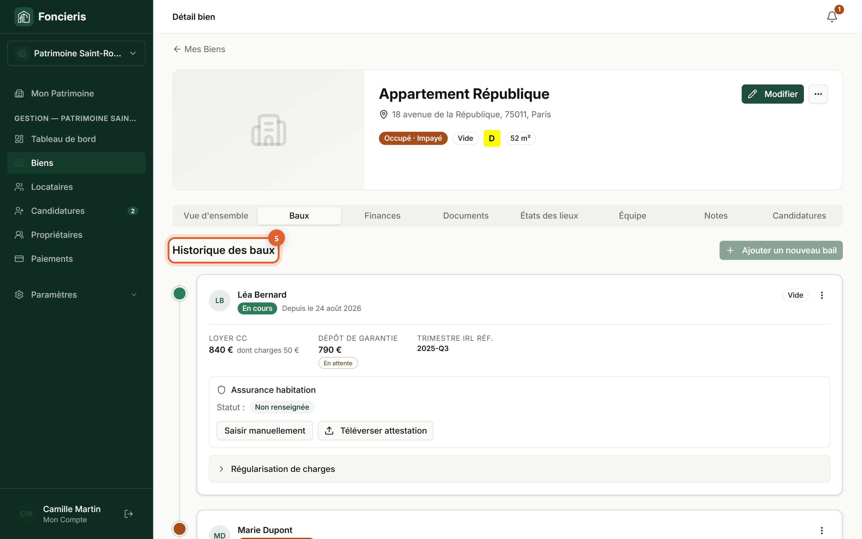 Interface réelle Foncieris avec données fictives — Modifier un bail ou donner congé, étape 5 : Validez et contrôlez le dossier