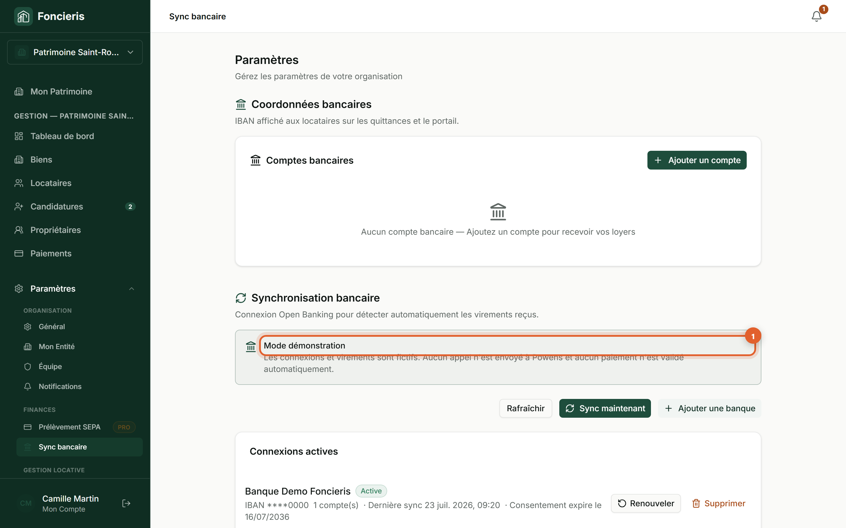 Interface réelle Foncieris avec données fictives — Rapprocher un virement bancaire, étape 1 : Vérifiez le mode bancaire