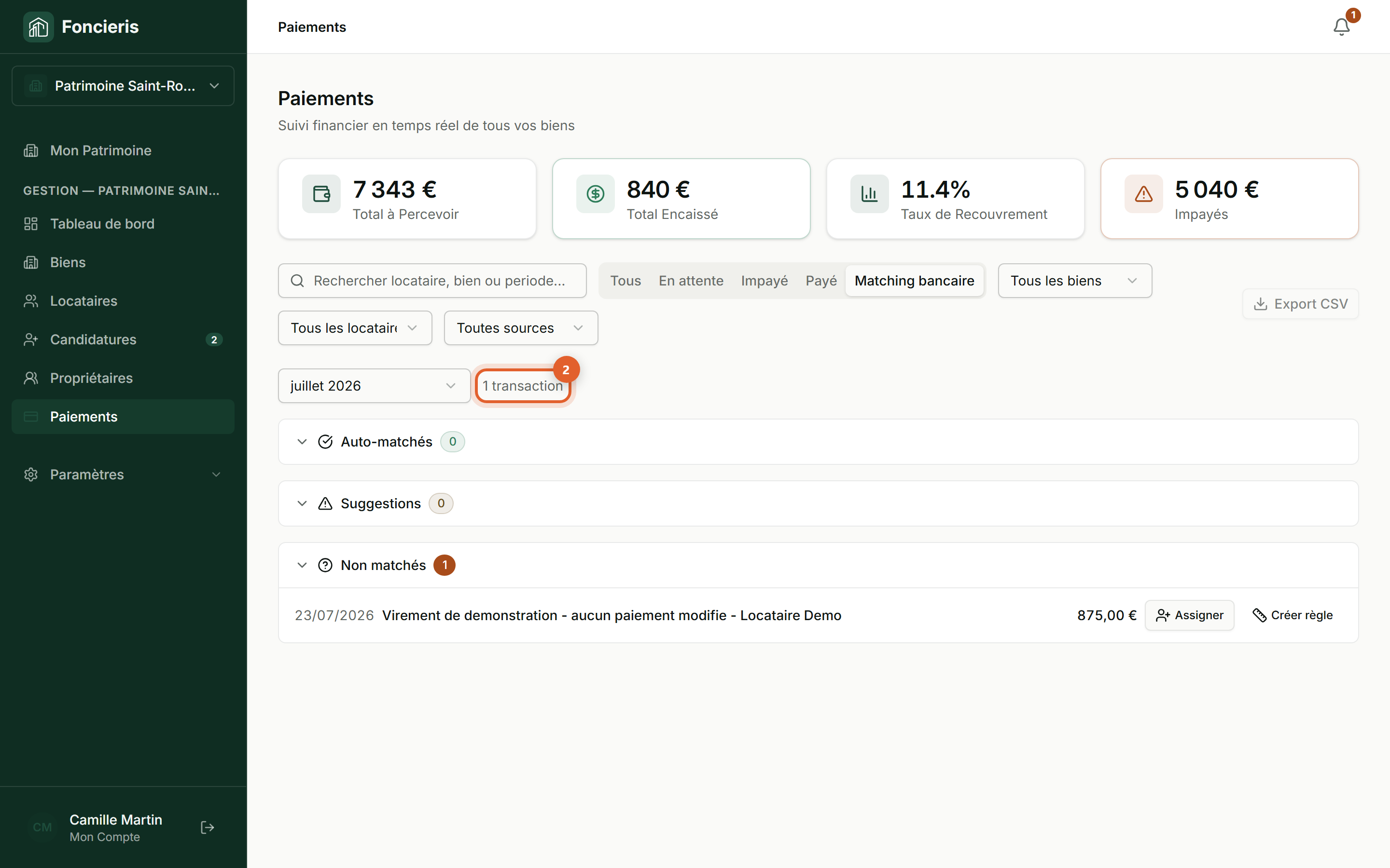 Interface réelle Foncieris avec données fictives — Rapprocher un virement bancaire, étape 2 : Ouvrez les transactions à rapprocher