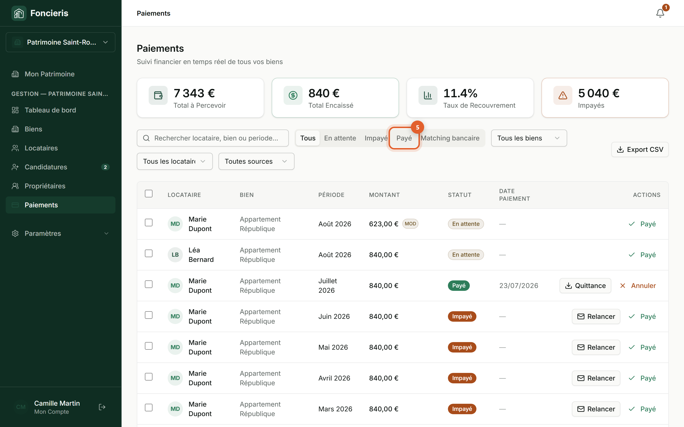 Interface réelle Foncieris avec données fictives — Rapprocher un virement bancaire, étape 5 : Contrôlez ensuite le paiement complet