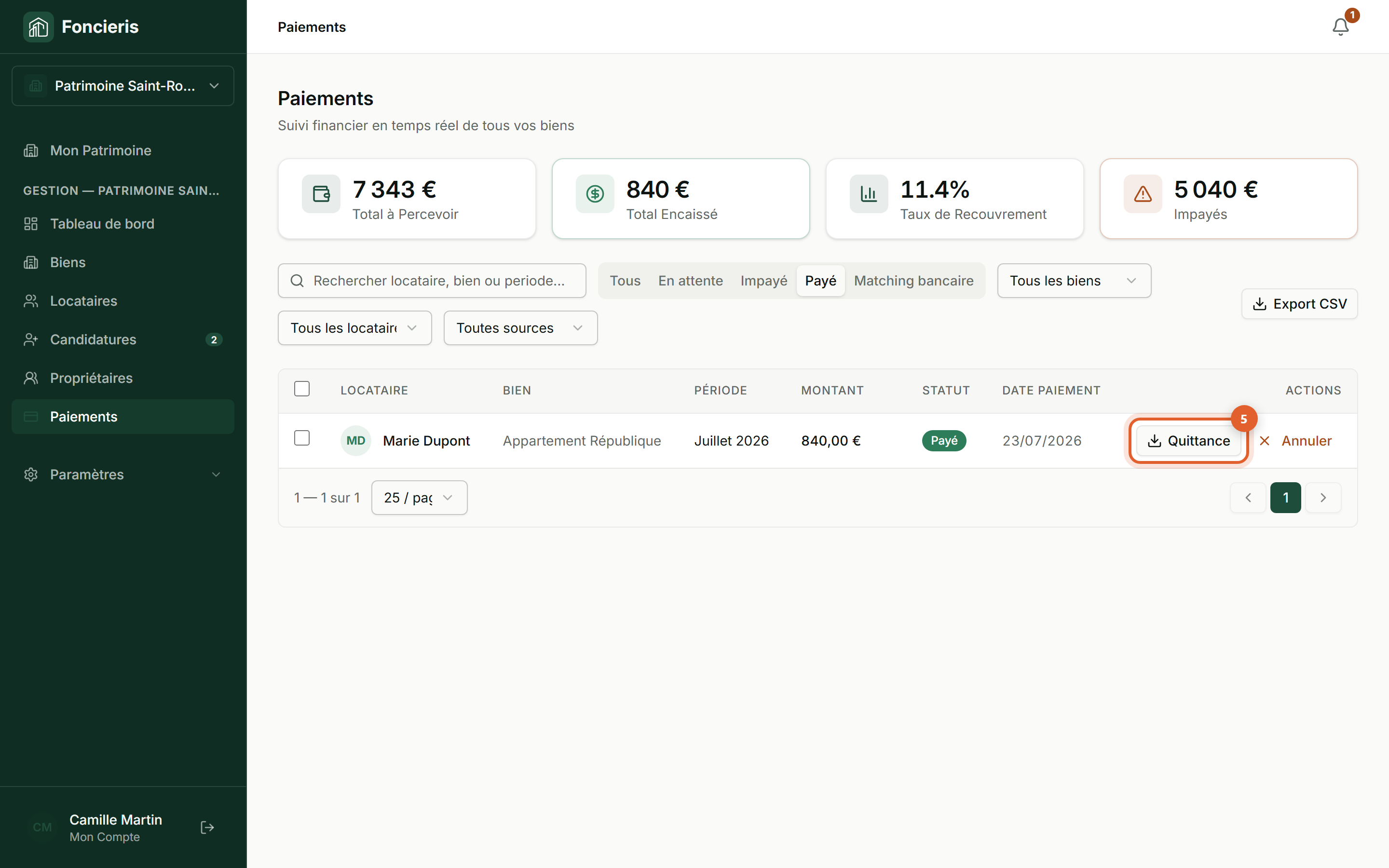 Interface réelle Foncieris avec données fictives — Suivre un loyer et générer une quittance, étape 5 : Téléchargez le document