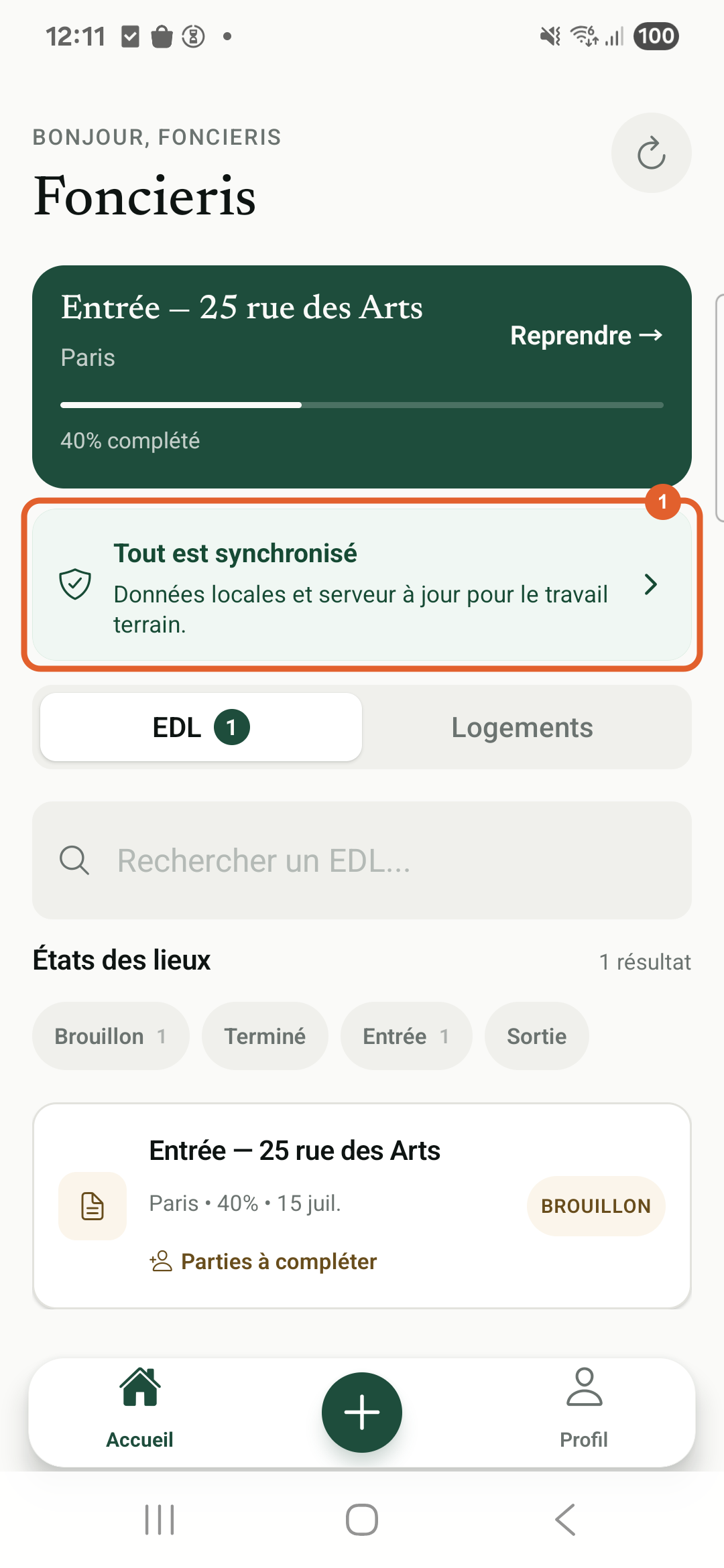 Application Android Foncieris État des lieux en production — Vérifiez la synchronisation
